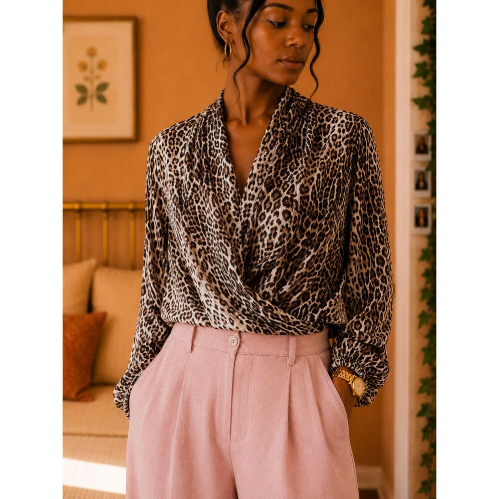 Essentials By Milano Leopard Draped Surplice Blouse Size L Officecore Mob Wife - Picture 1 of 8